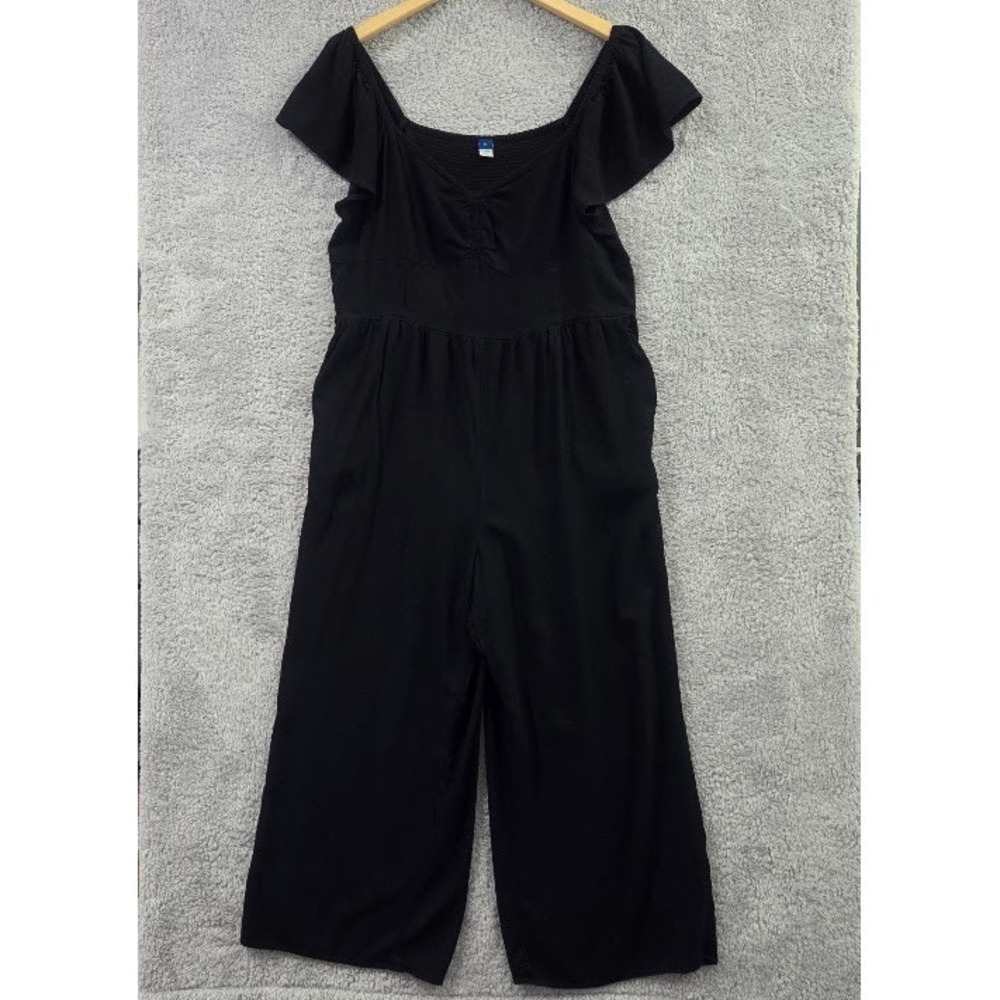 Old Navy Jumpsuit Women's XL Black Flutter Sleeve Wide Leg Cropped Rayon Smocked
